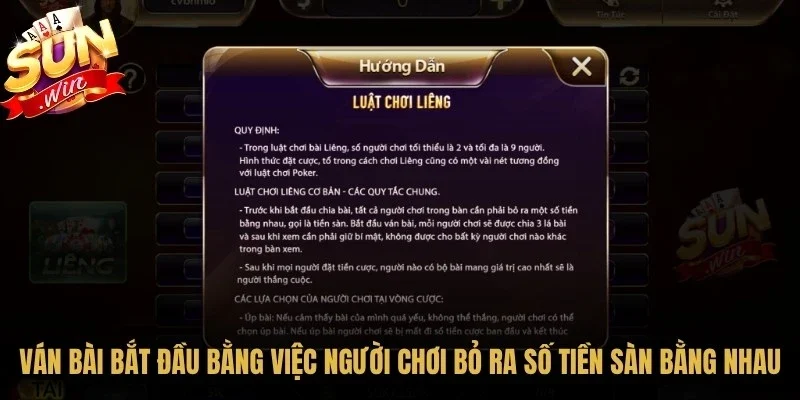Liêng Sunwin - Trải Nghiệm Game Bài Đổi Thưởng Kịch Tính 11 Sunwin Mỗi ván bài sẽ bắt đầu bằng việc tất cả người chơi bỏ ra một số tiền sàn bằng nhau